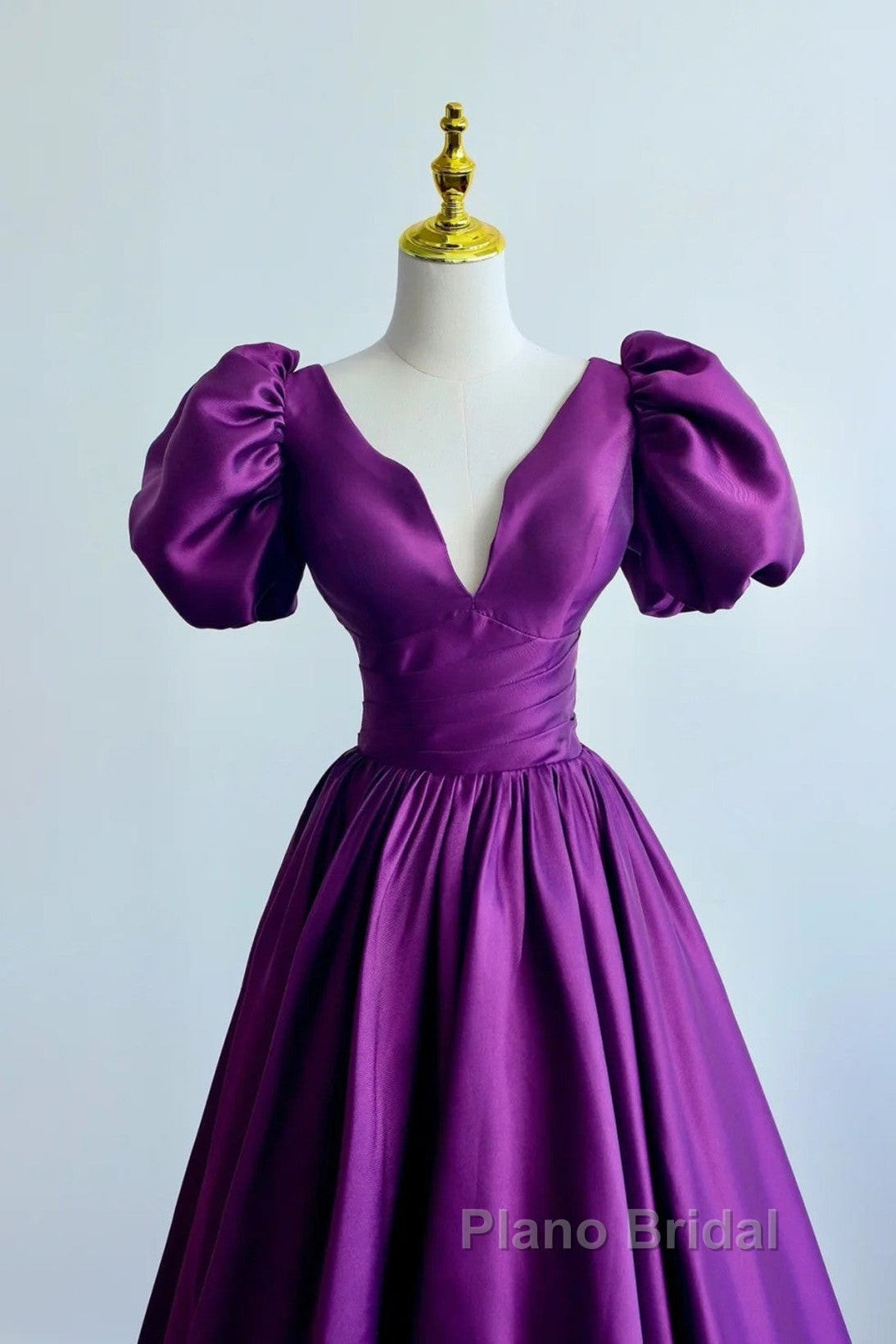 Purple Satin A-Line Short Sleeves Long Formal Dresses, Purple Evening Dresses Formal Prom Dresses Secondary image