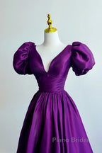 Purple Satin A-Line Short Sleeves Long Formal Dresses, Purple Evening Dresses Formal Prom Dresses
