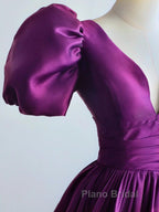 Purple Satin A-Line Short Sleeves Long Formal Dresses, Purple Evening Dresses Formal Prom Dresses