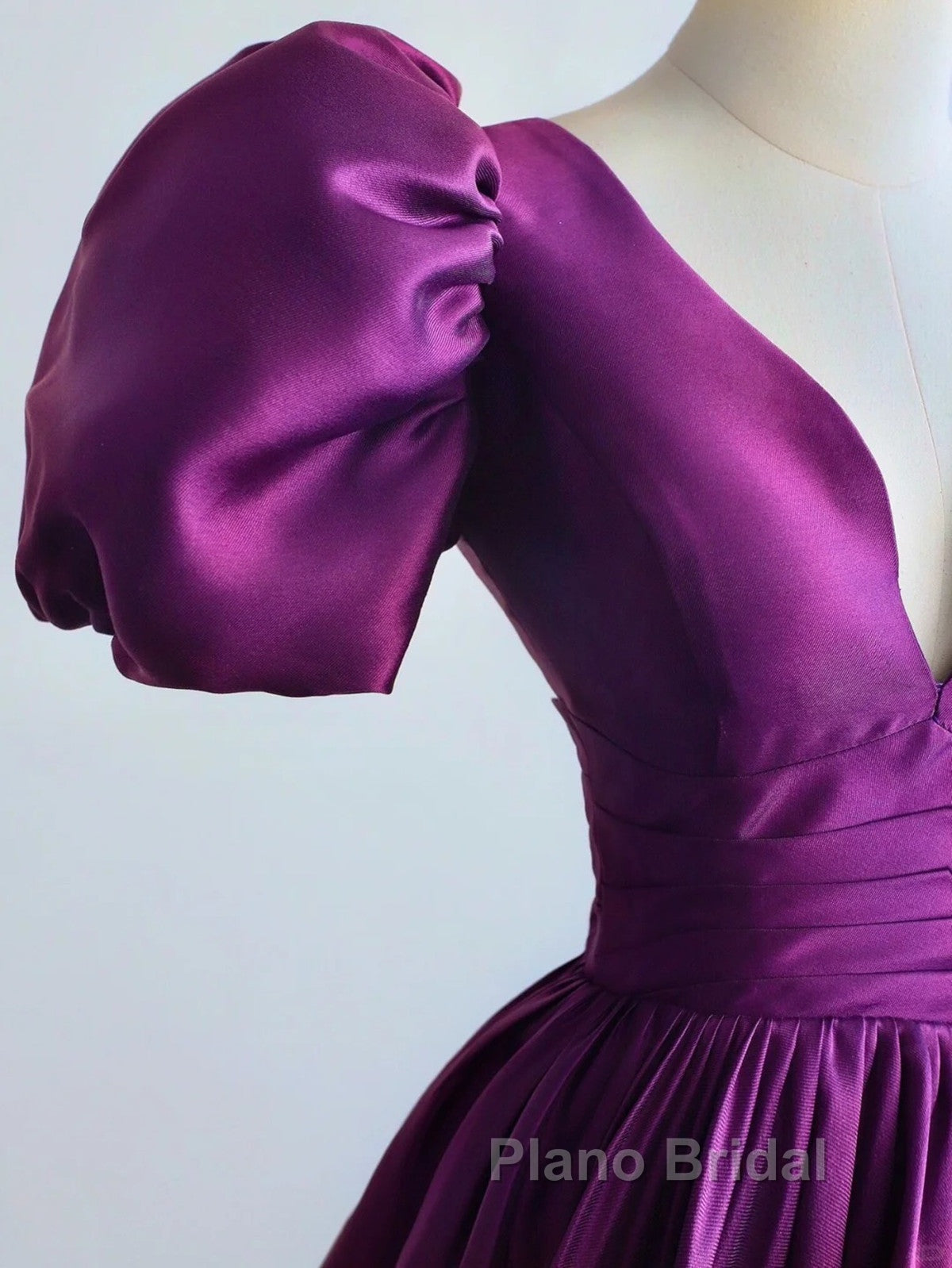 Purple Satin A-Line Short Sleeves Long Formal Dresses, Purple Evening Dresses Formal Prom Dresses