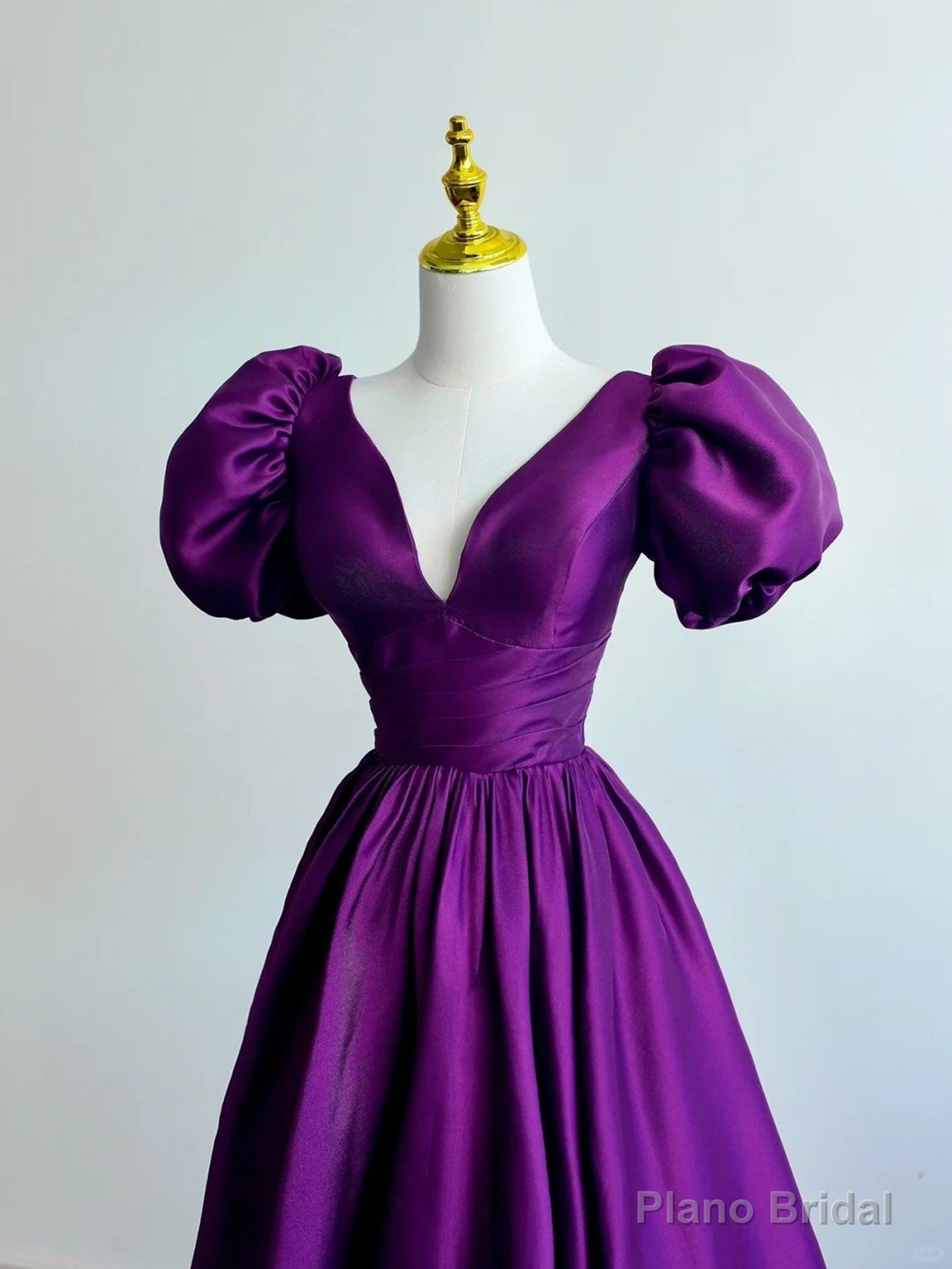 Purple Satin A-line Short Sleeves Long Formal Dress, Purple  Prom Dress Secondary image