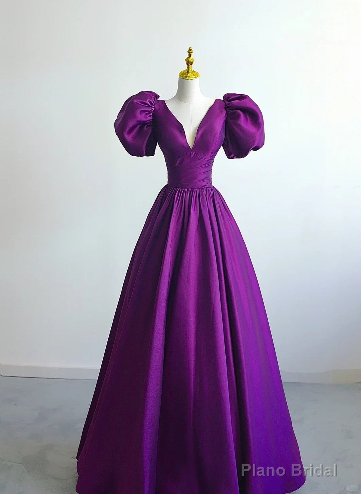Purple Satin A-line Short Sleeves Long Formal Dress, Purple  Prom Dress Main image