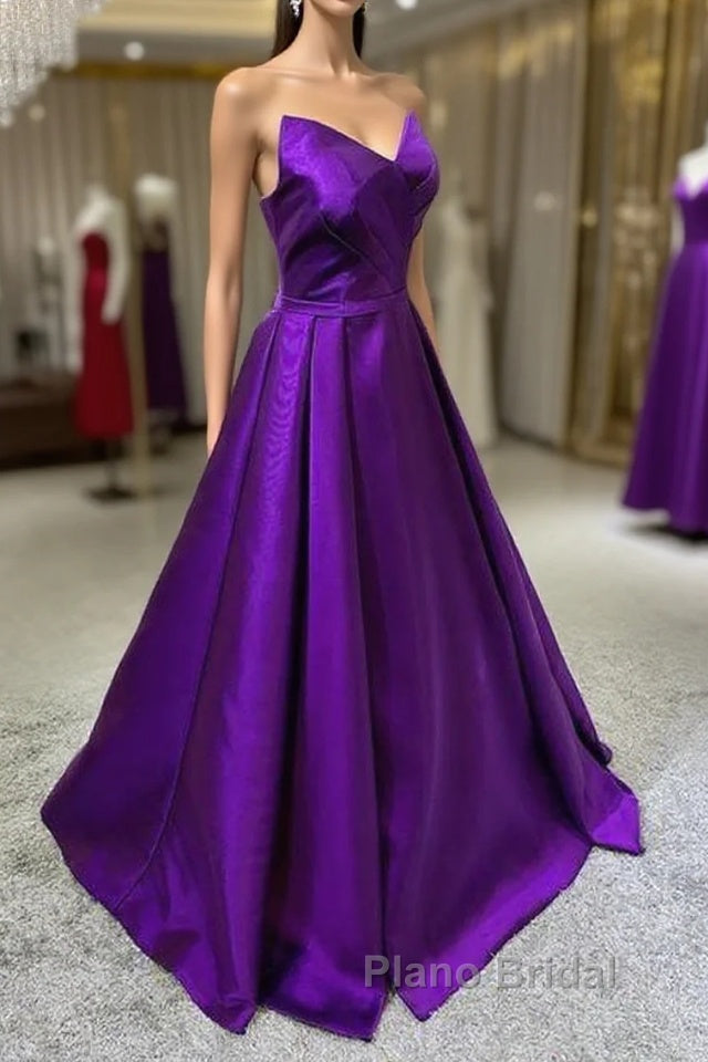 Purple Satin A-Line Simple Floor Length Evening Dresses Formal Dresses, Dark Purple Formal Prom Dresses Main image