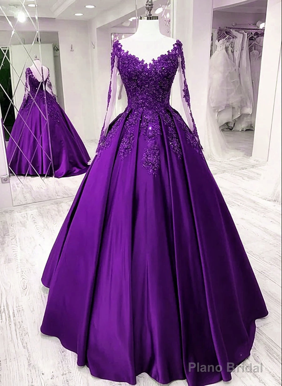 Purple Satin Long Sleeves with Lace Applique Party Dress, A-line Sweet 16 Dress Main image