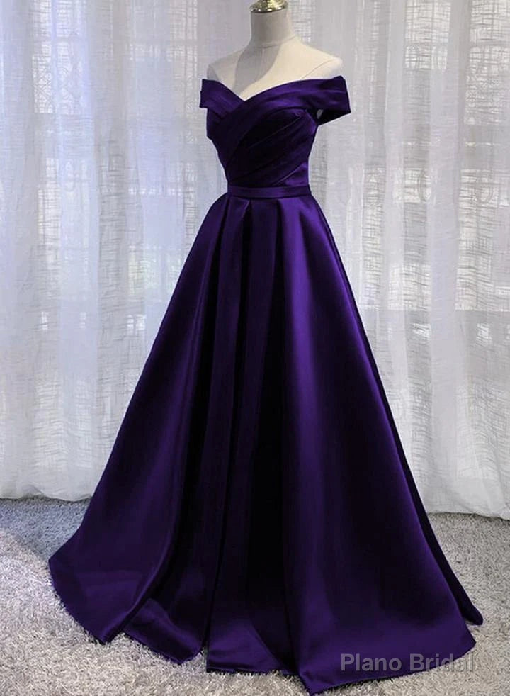 Purple Satin Off Shoulder Long Prom Dress, A-line Simple Purple Formal Dress Main image