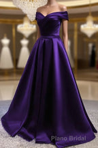 Purple Satin Off Shoulder Long Formal Prom Dresses,A-line Simple Women Prom Dresses
