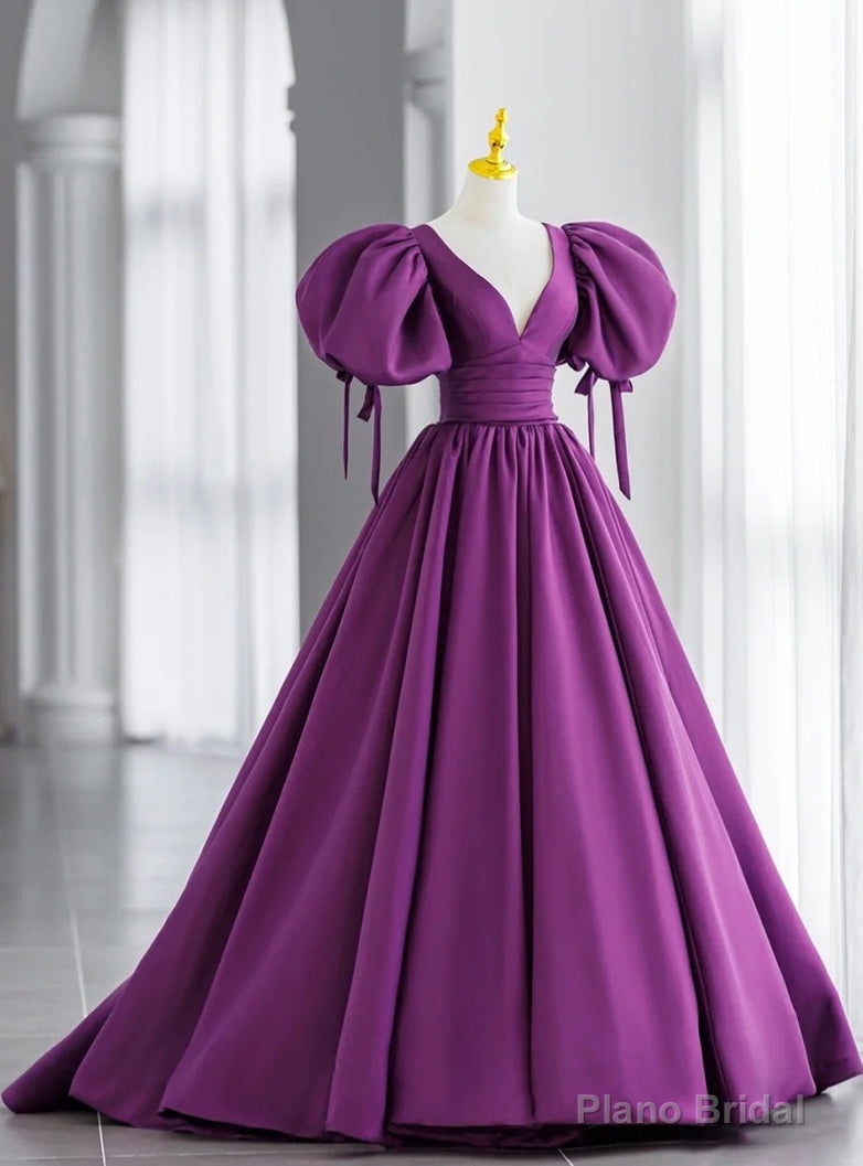 Purple Satin Puff Sleeve Backless Prom Dress Main image