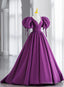 Purple Satin Puff Sleeve Backless Prom Dress