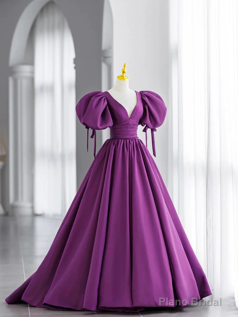 Purple Satin Puffy Sleeves Long Party Dress, Dark Purple Evening Dress Main image