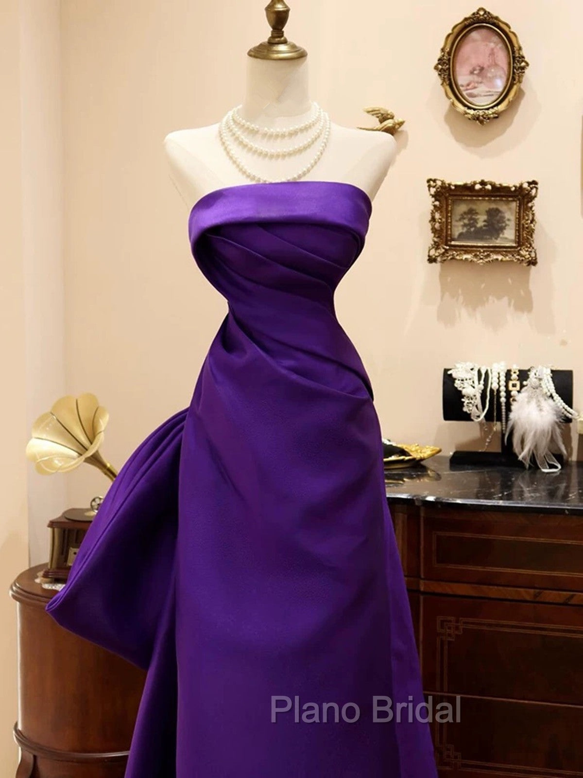 Purple Satin Scoop A-Line Floor Length Party Dresses, Purple Satin Long Formal Prom Dresses With Bow