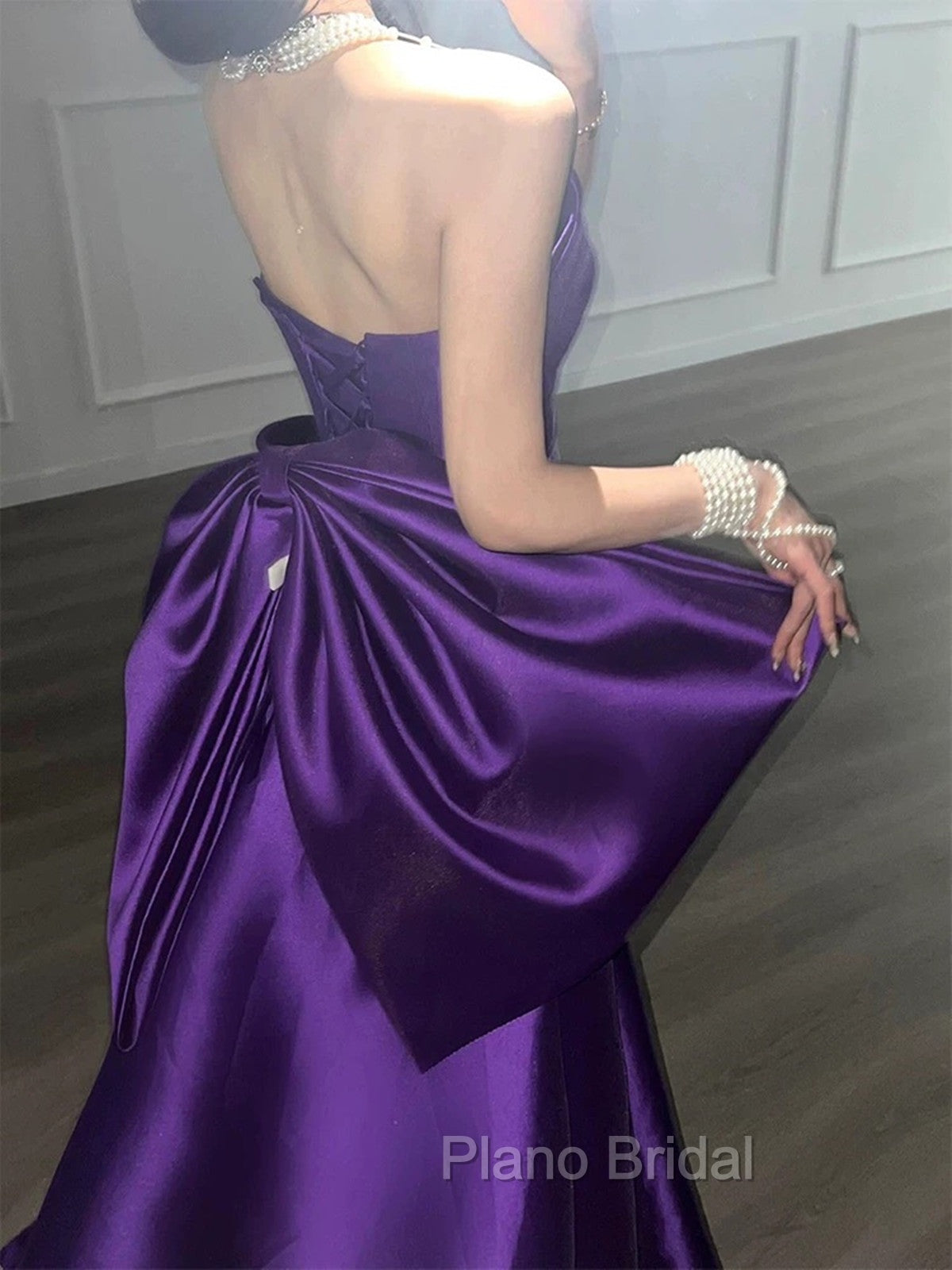 Purple Satin Scoop A-Line Floor Length Party Dresses, Purple Satin Long Formal Prom Dresses With Bow