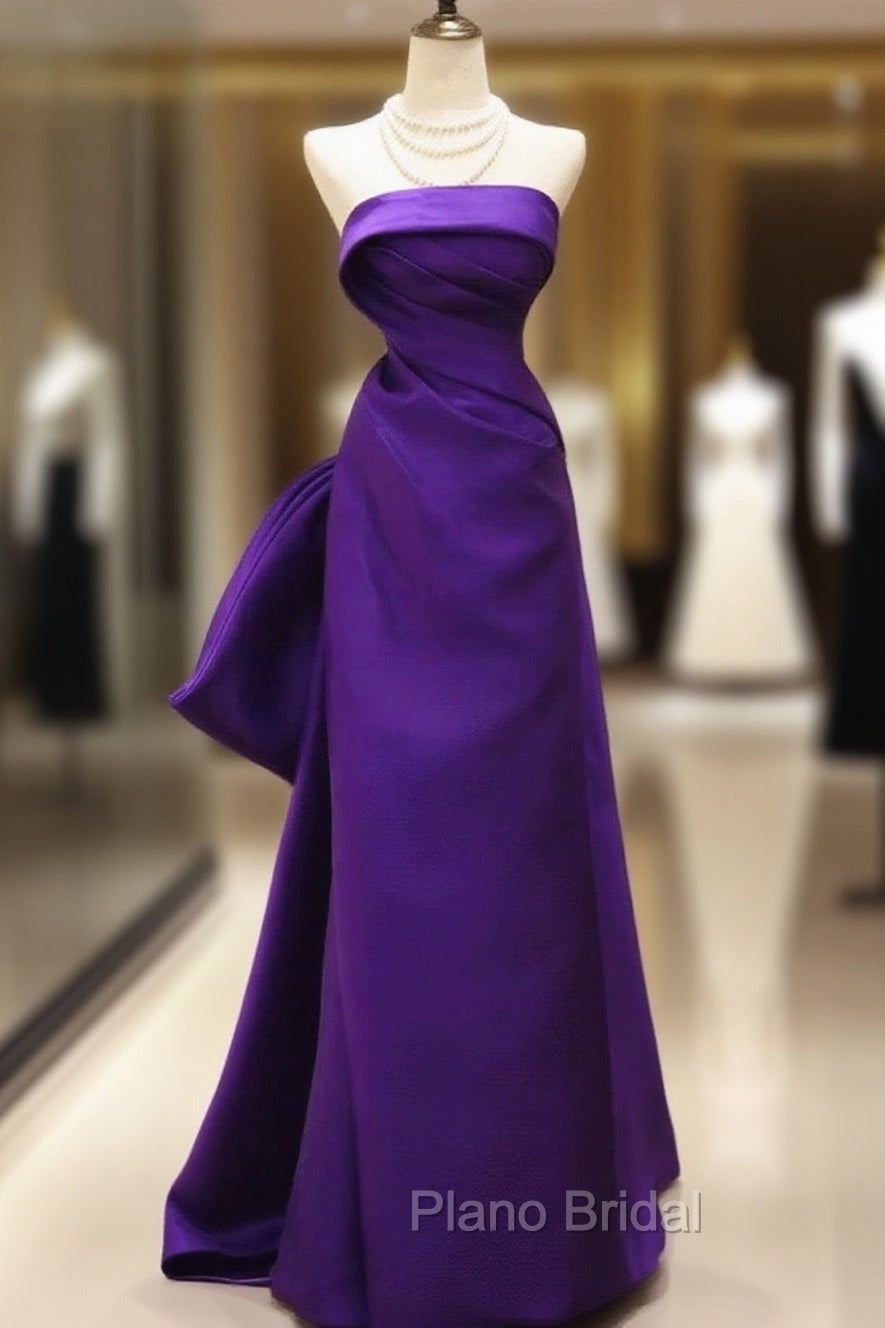 Purple Satin Scoop A-Line Floor Length Party Dresses, Purple Satin Long Formal Prom Dresses With Bow