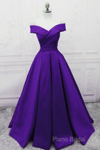 Purple Satin Simple Sweetheart Long Formal Dresses, Purple Formal Wedding Party Dresses