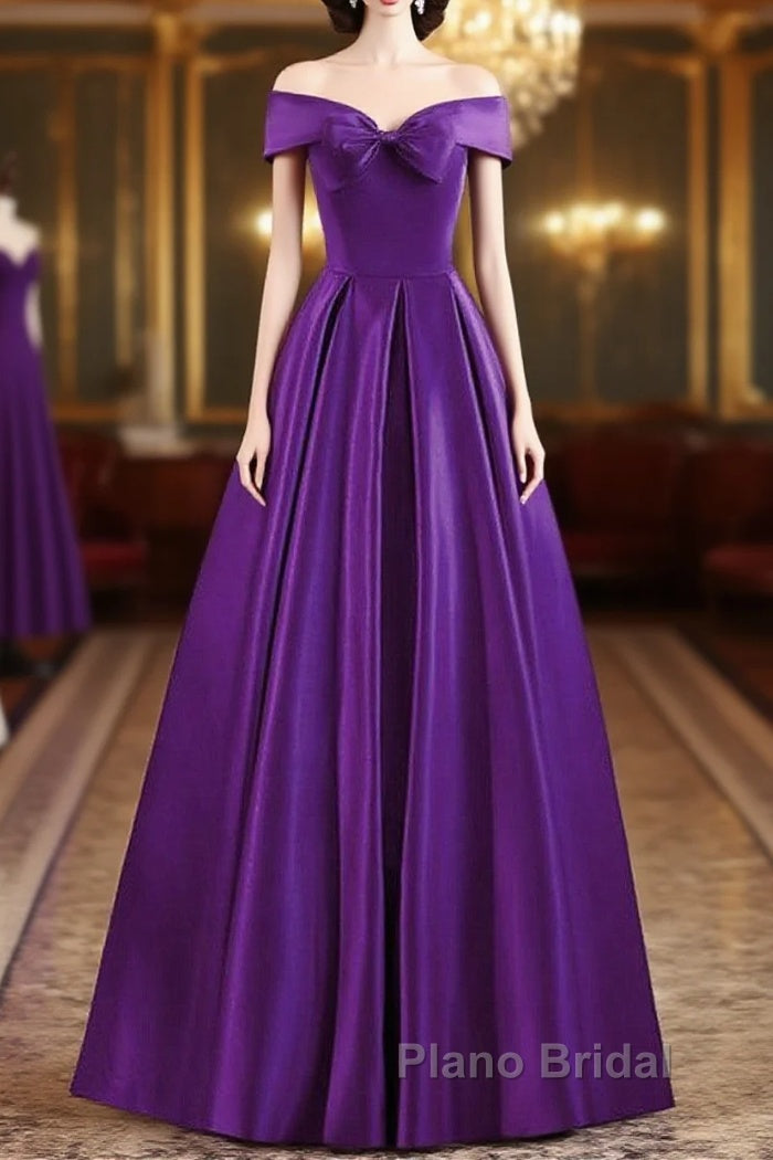 Purple Satin Sweetheart Long Party Dresses, A-Line Purple Formal Prom Dresses Main image