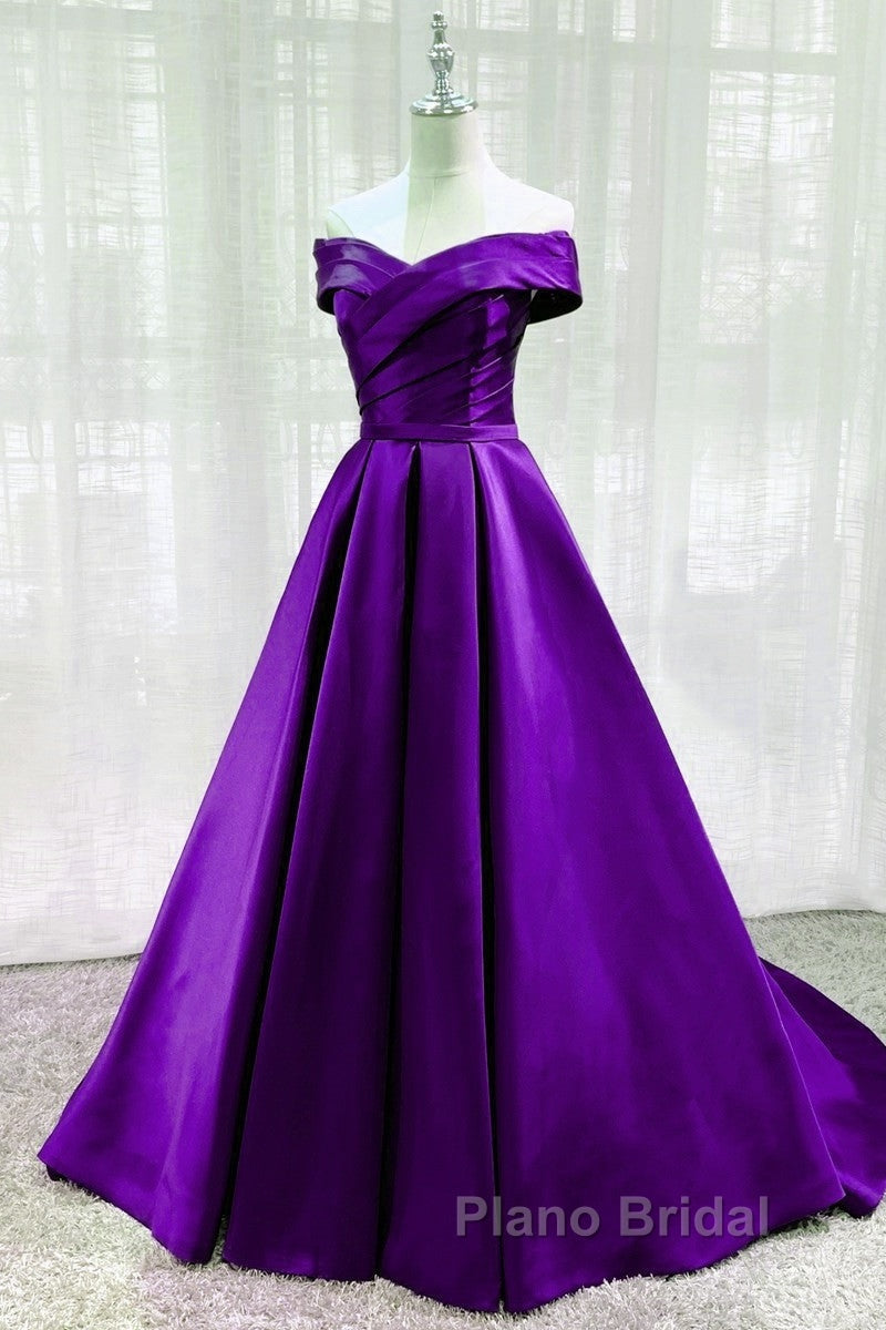 Purple Satin Sweetheart Long Party Dresses Formal Prom Dresses, Off Shoulder Purple Evening Dresses