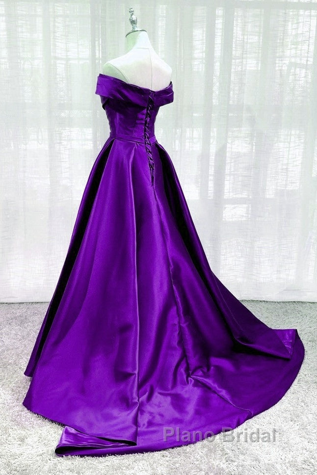 Purple Satin Sweetheart Long Party Dresses Formal Prom Dresses, Off Shoulder Purple Evening Dresses