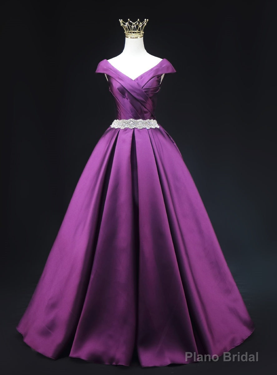 Purple Satin V-neck Pleats Beading Prom Dress