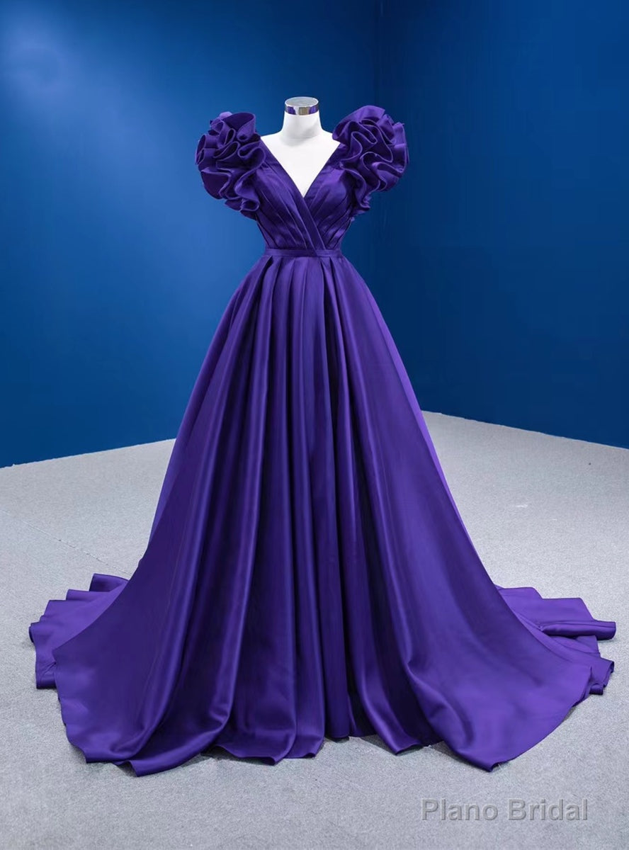 Purple Satin V-neck Pleats Prom Dress Main image