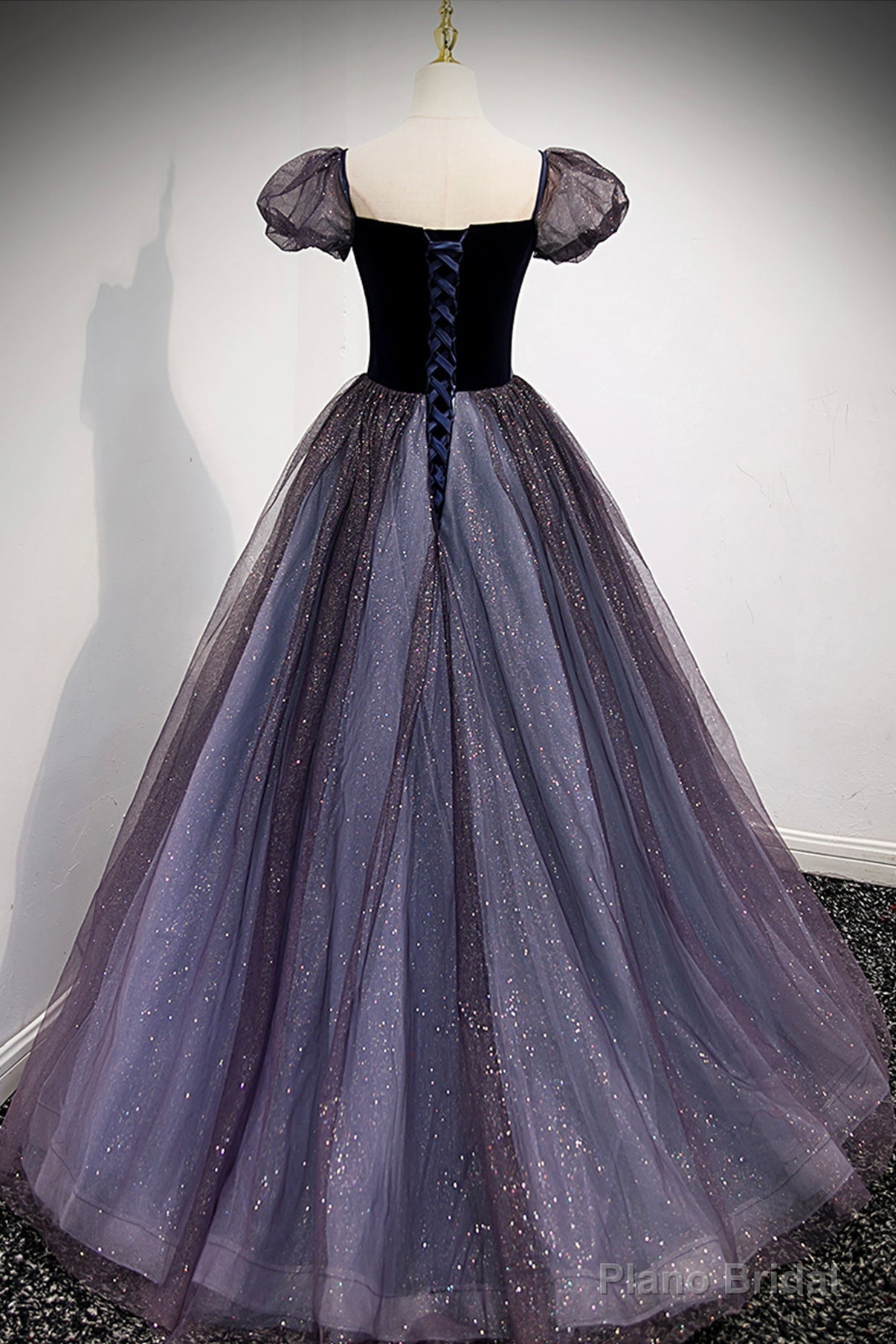 Purple Scoop Tulle Long A-Line Prom Dress, Lovely Short Sleeve Evening Dress