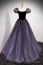 Purple Scoop Tulle Long A-Line Prom Dress, Lovely Short Sleeve Evening Dress