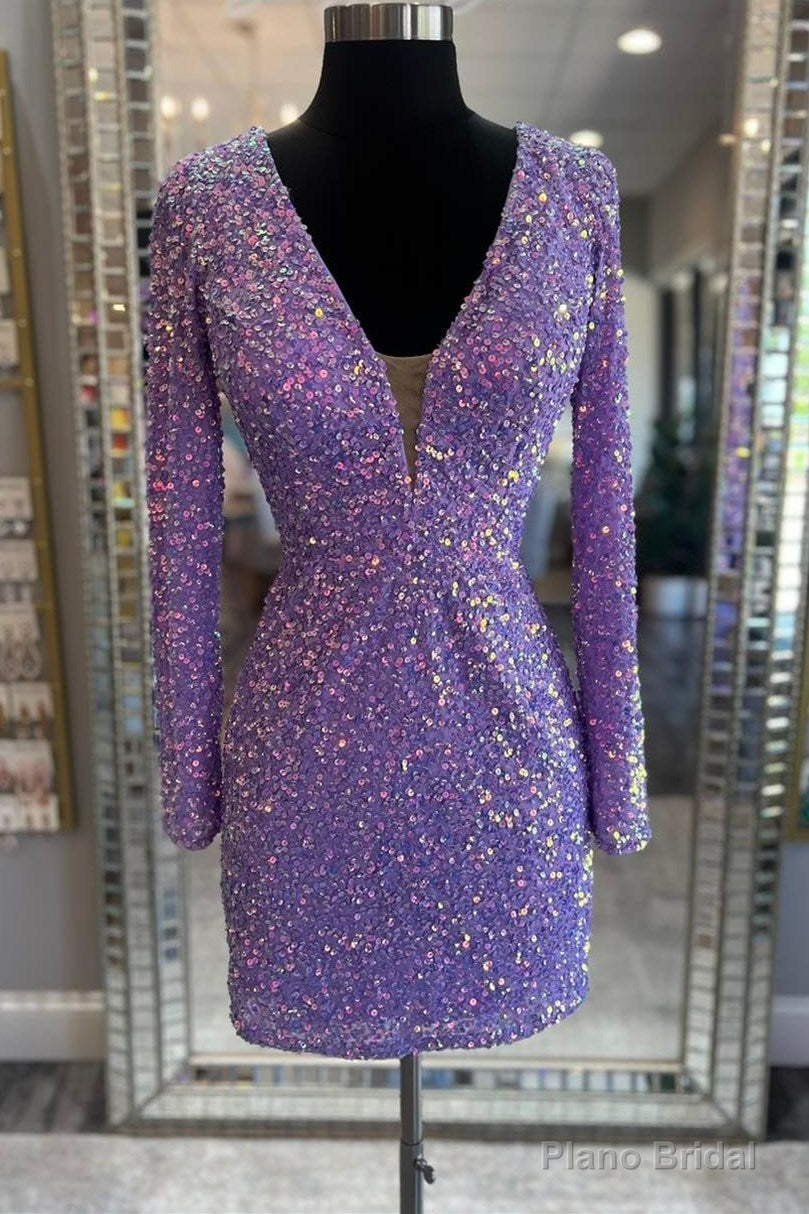 Purple Sequin Lace-Up Short Party Dress with Long Sleeves Main image