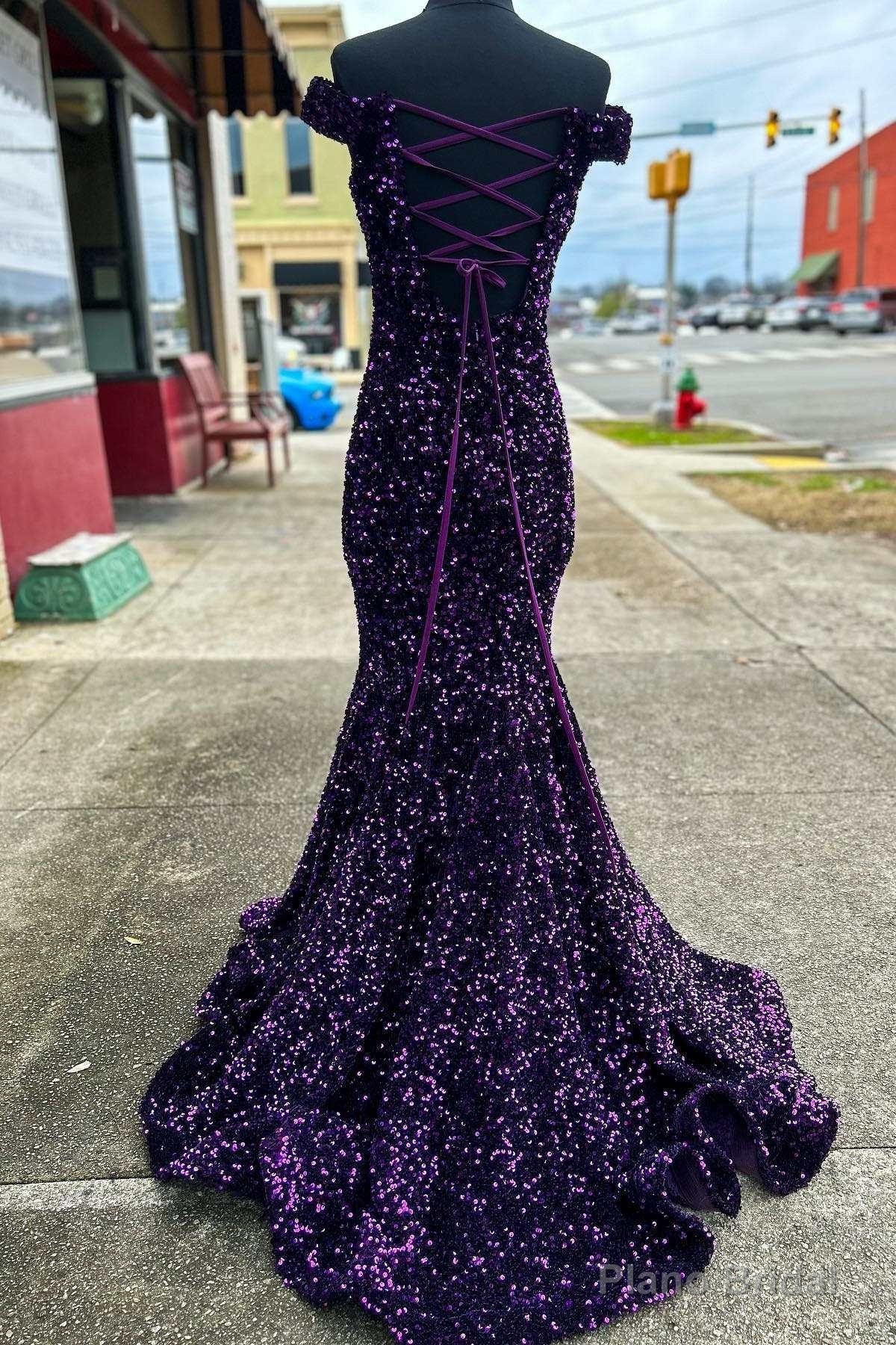 Purple Sequin Off-the-Shoulder Lace-Up Mermaid Prom Dresses Evening Gowns Secondary image