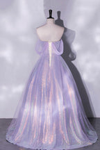 Purple Sequins Long A-Line Prom Dress, Off the Shoulder Evening Party Dress