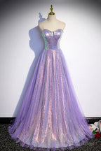 Purple Sequins Long A-Line Prom Dress, Purple Strapless Evening Graduation Dress