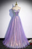 Purple Sequins Long A-Line Prom Dress, Purple Strapless Evening Graduation Dress