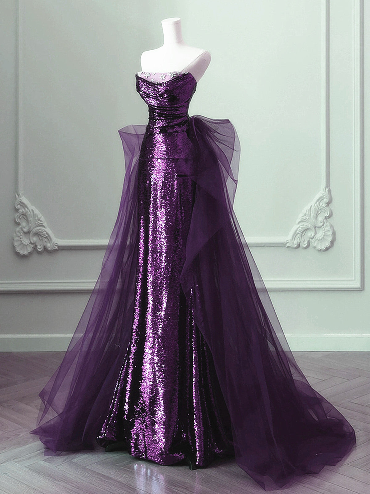 Purple Sequins Long Party Dresses, A-Line Purple Sequins Formal Prom Dresses With Tulle Secondary image