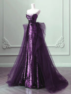 Purple Sequins Long Party Dresses, A-Line Purple Sequins Formal Prom Dresses With Tulle