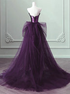 Purple Sequins Long Party Dresses, A-Line Purple Sequins Formal Prom Dresses With Tulle