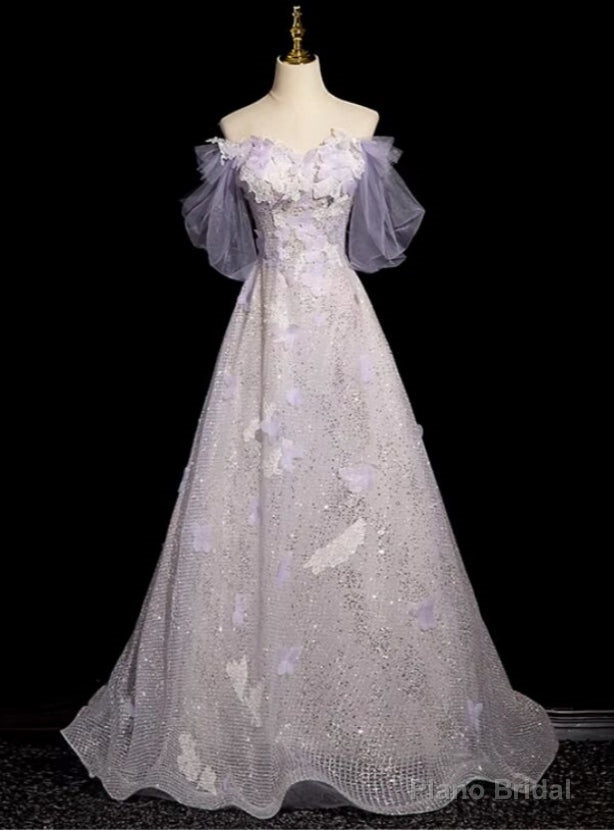 Purple Sequins Off the Shoulder Flower Prom Dress Main image