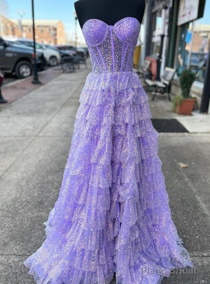 Purple Sequins Strapless Tiers Prom Dress Main image