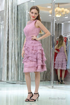 Purple Short Chiffon With Modest Beaded Neck Homecoming Dresses