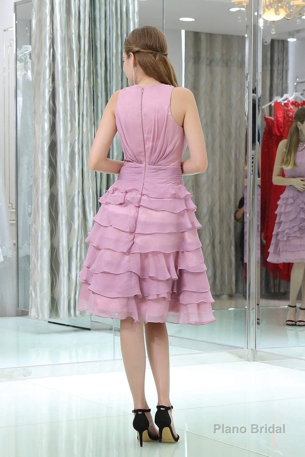 Purple Short Chiffon With Modest Beaded Neck Homecoming Dresses