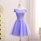 Purple Short Sleeves Lace Off Shoulder Party Dress, Cute Purple Homecoming Dress