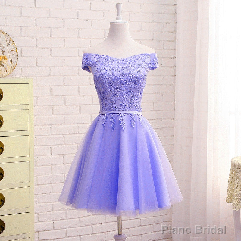 Purple Short Sleeves Lace Off Shoulder Party Dress, Cute Purple Homecoming Dress