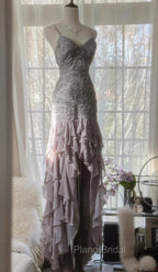 Purple Spaghetti Strap Bodycon Open Back Chiffon Sequin Long Formal Prom Dresses Adult Ceremony Dresses With Appliques