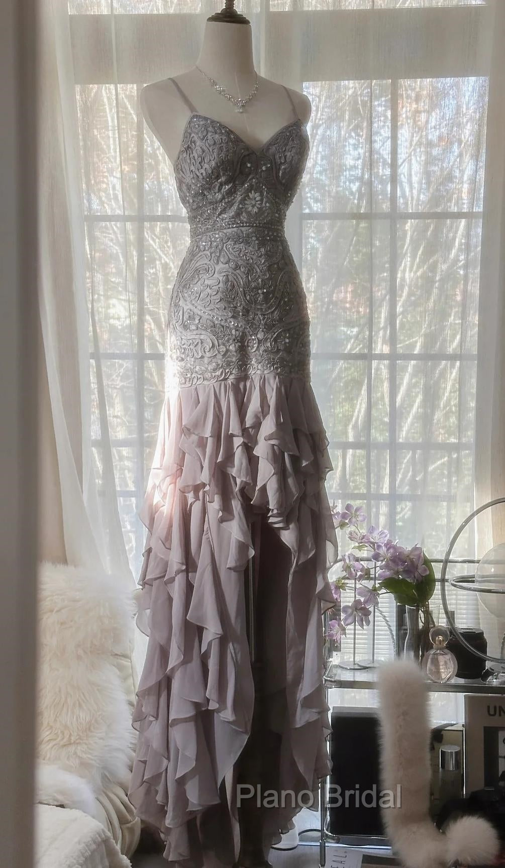 Purple Spaghetti Strap Bodycon Open Back Chiffon Sequin Long Formal Prom Dresses Adult Ceremony Dresses With Appliques