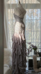 Purple Spaghetti Strap Bodycon Open Back Chiffon Sequin Long Formal Prom Dresses Adult Ceremony Dresses With Appliques