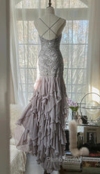 Purple Spaghetti Strap Bodycon Open Back Chiffon Sequin Long Formal Prom Dresses Adult Ceremony Dresses With Appliques