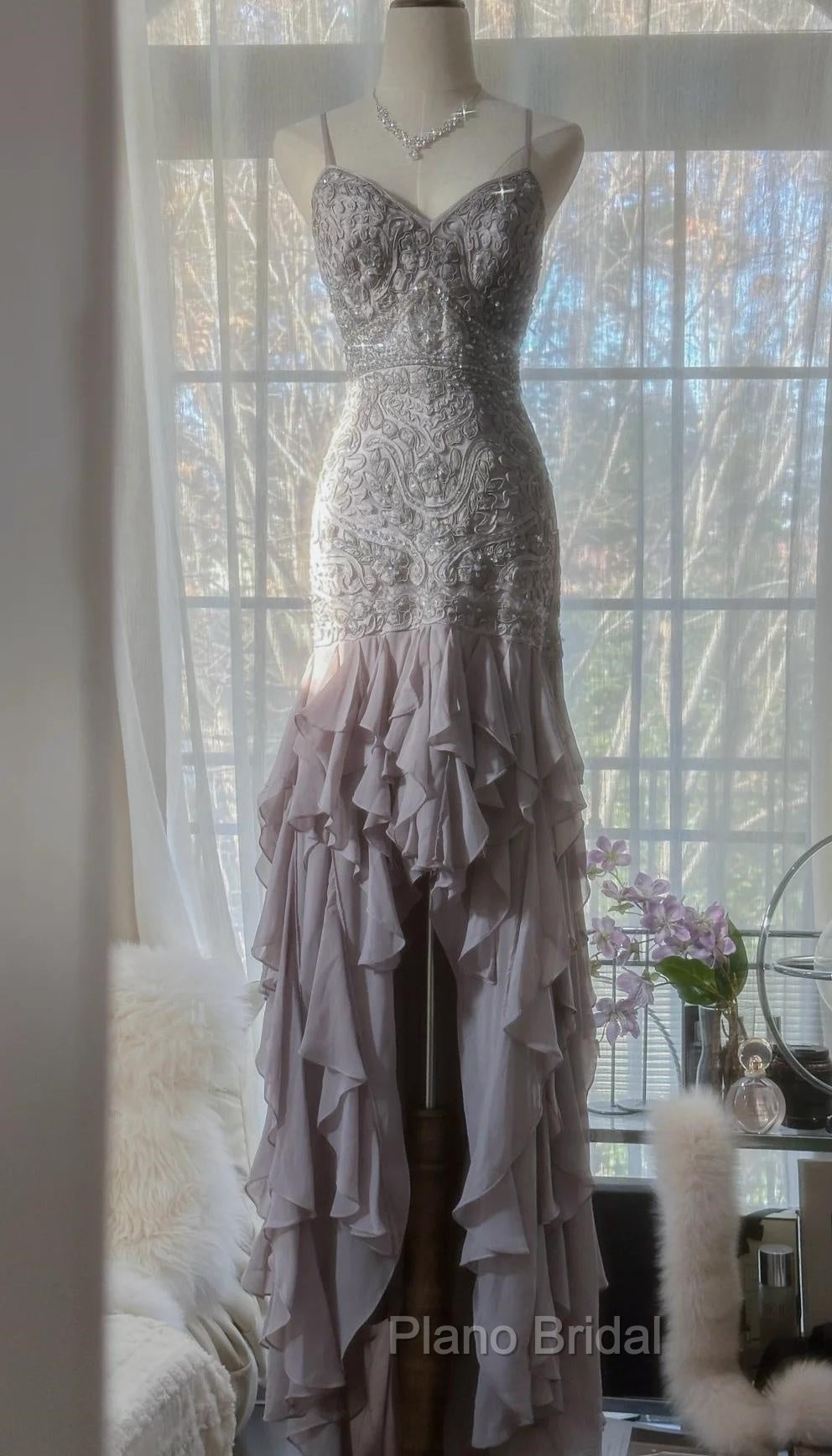 Purple Spaghetti Strap Bodycon Open Back Chiffon Sequin Long Formal Prom Dresses Adult Ceremony Dresses With Appliques