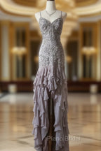 Purple Spaghetti Strap Bodycon Open Back Chiffon Sequin Long Formal Prom Dresses Adult Ceremony Dresses With Appliques
