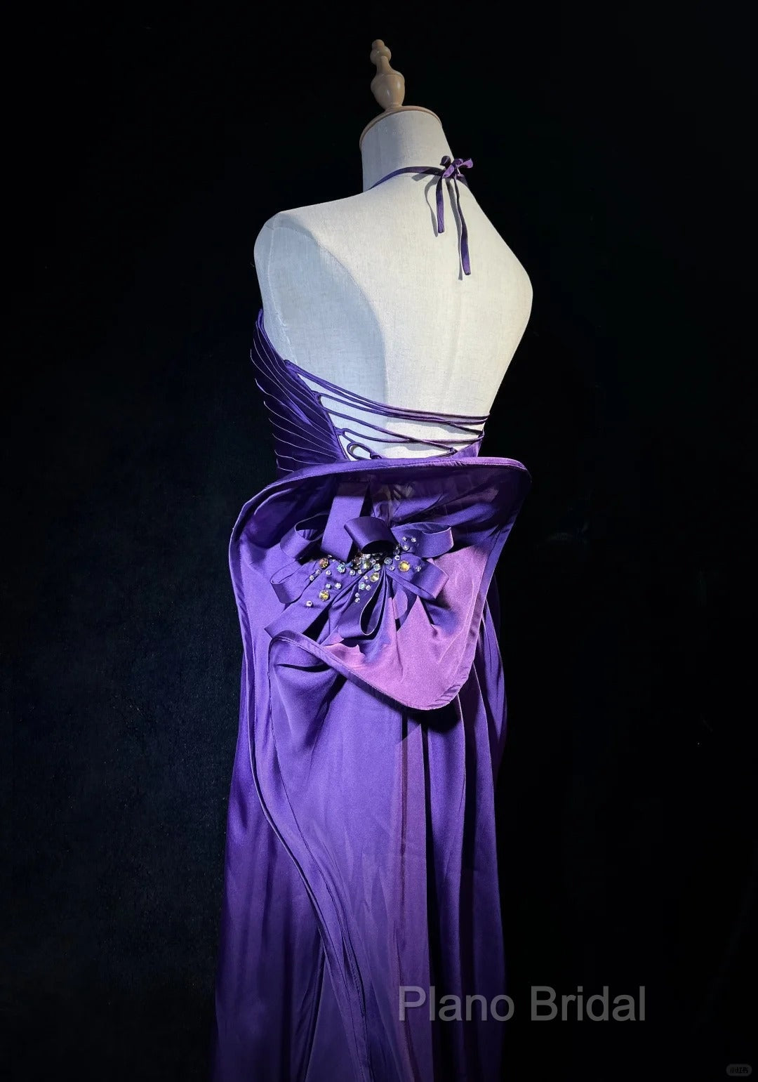 Purple Spaghetti Strap Satin Formal Prom Dresses Backless Formal Gown