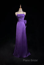 Purple Spaghetti Strap Satin Formal Prom Dresses Backless Formal Gown