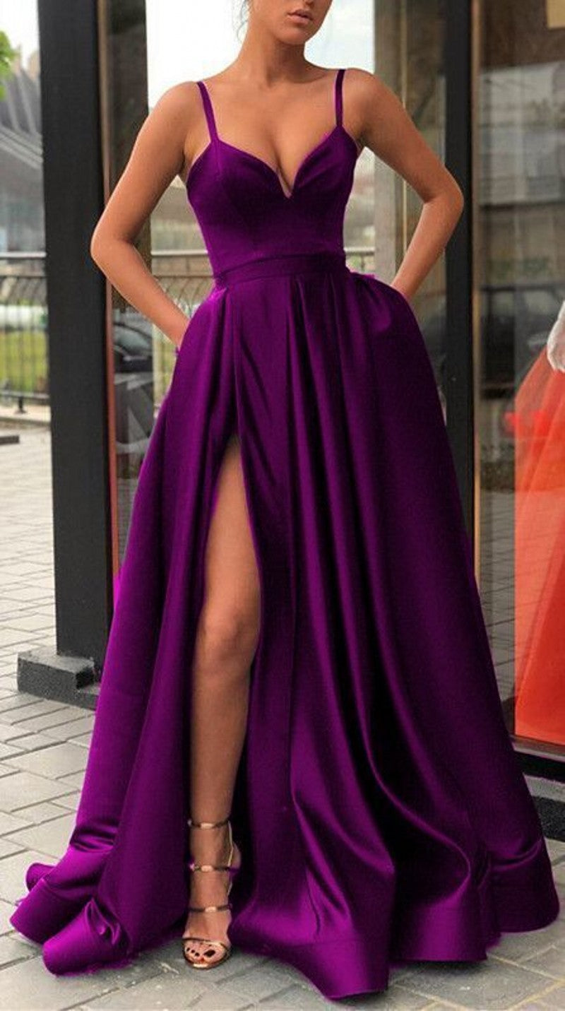 Neck Long Formal Prom Dresses Purple Formal Evening Dresses Satin Party Dresses Main image