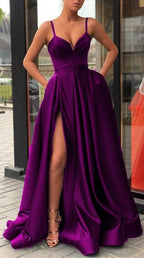Neck Long Formal Prom Dresses Purple Formal Evening Dresses Satin Party Dresses