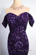 Purple Sparkly Long Formal Dresses Mermaid Off-Shoulder Slit