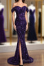 Purple Sparkly Long Formal Dresses Mermaid Off-Shoulder Slit